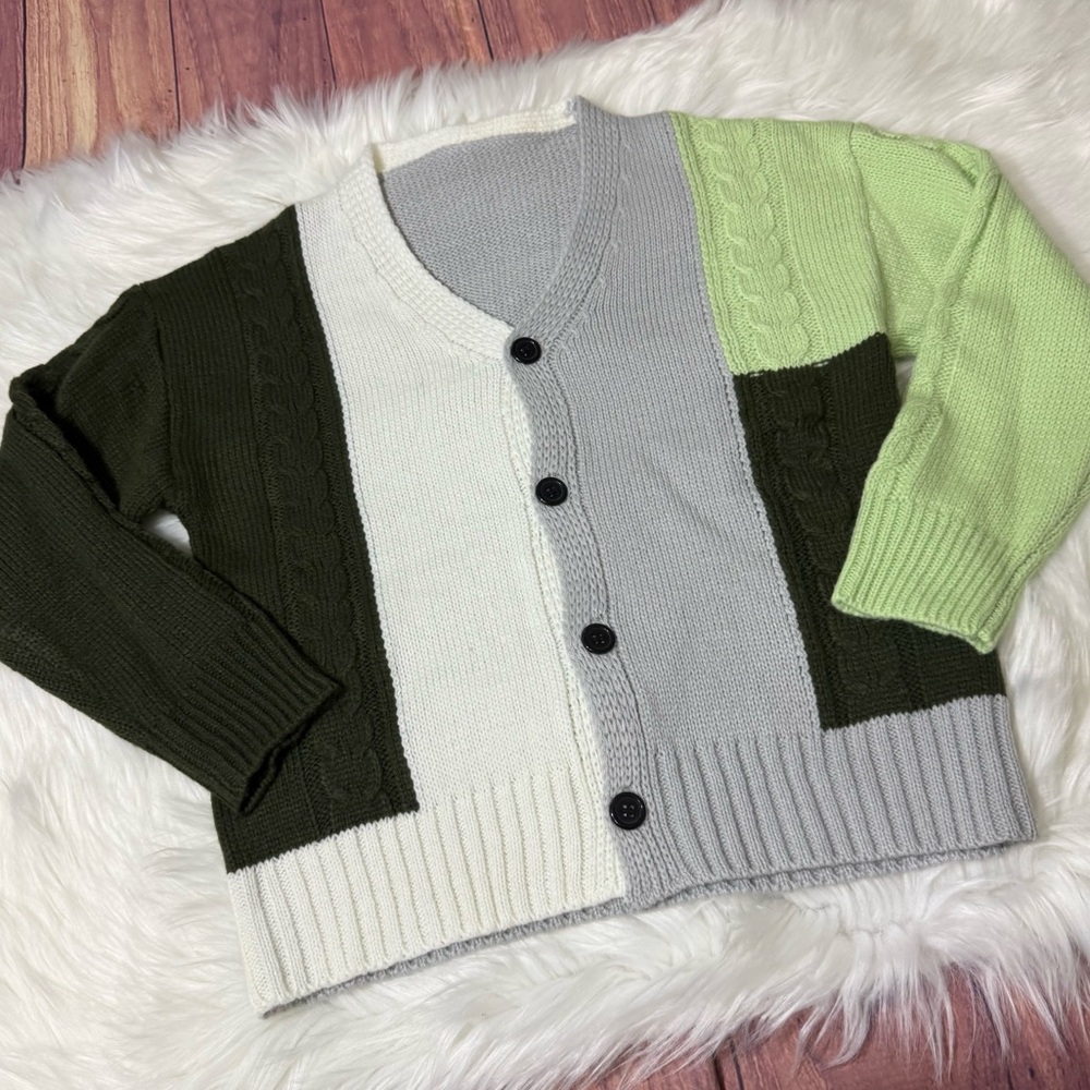 SHEIN Boys Size 8Y Green and Gray Colorblock Cardigan Sweater